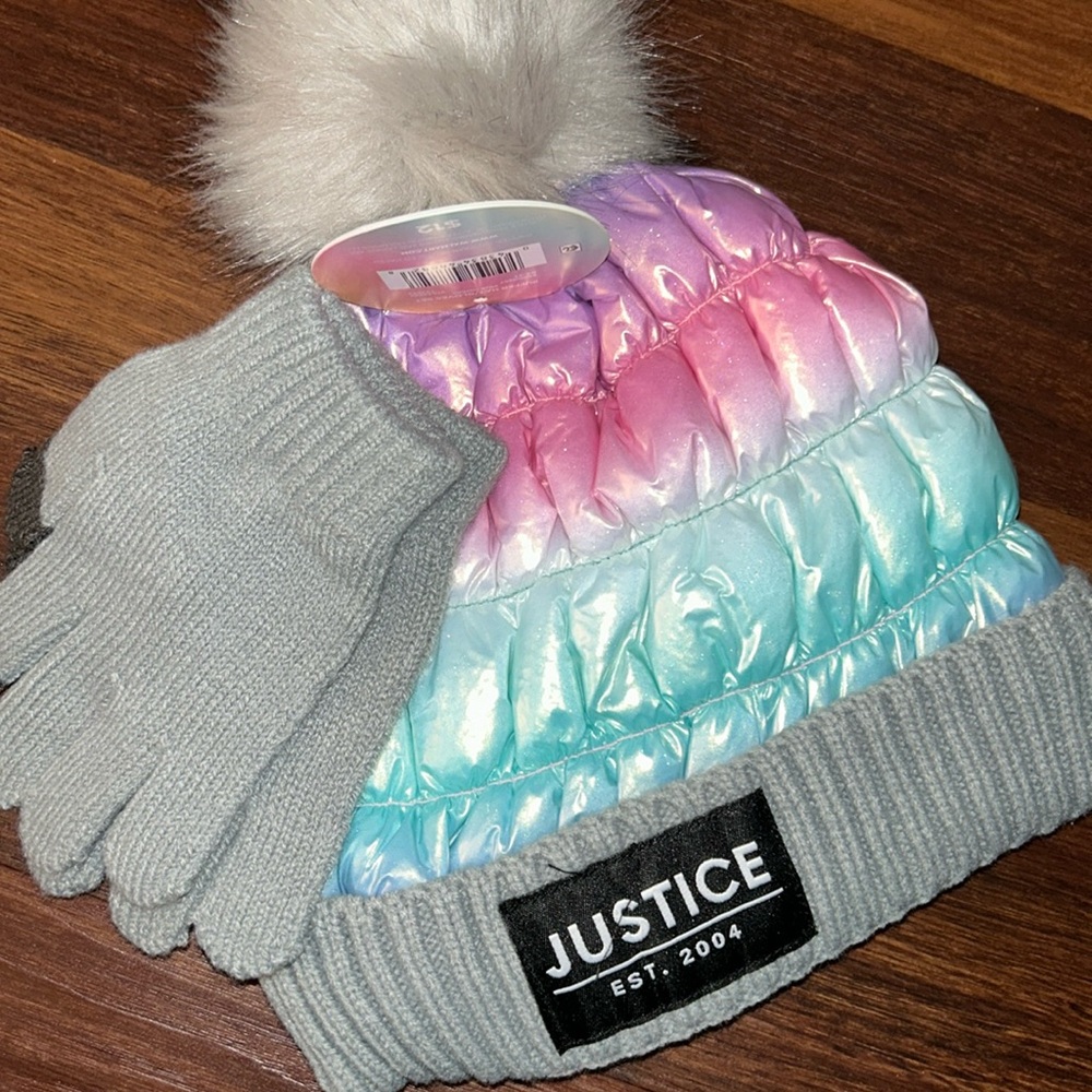 Justice Unicorn Pink Ombre Puffer Pom Pom Hat & Stretchy Gloves Set NET